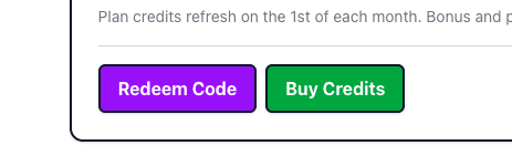 Credits section with the Redeem Code button highlighted