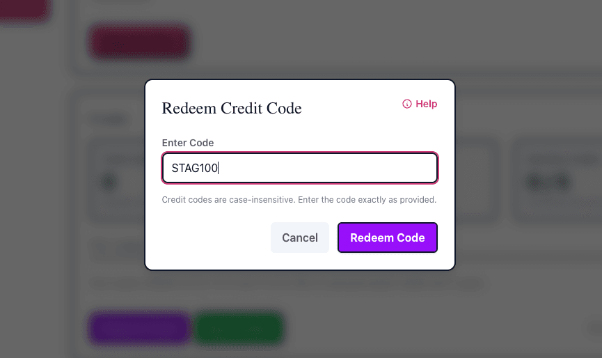 Redeem Credit Code modal with input field